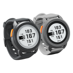 Bushnell Golf iON Edge GPS watches in black and gray on transparent background. 