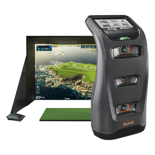 Launch Pro Launch Monitor Front View With Simulation Screen And Hitting Mat On Transparent Background